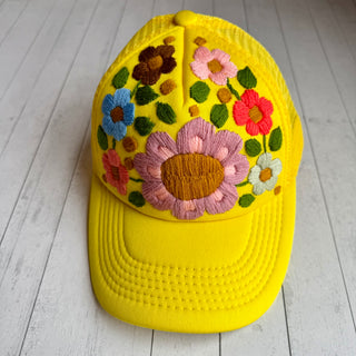 Hand Embroidered Trucker Flower Hat - Yellow