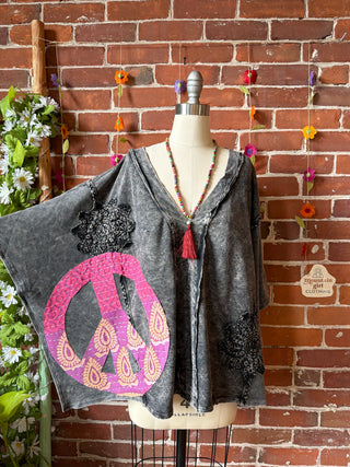 OOAK Summer Collection - Upcycled Kantha Peace Sign Patch Patchwork Poncho Style Top ☮️