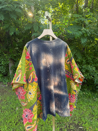 OOAK Summer Collection- Upcycled AC/DC Kantha Poncho Tee