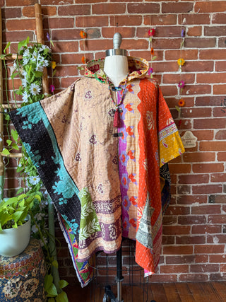 Mystery Print Autumn Sunset Patchwork Upcycled Kantha Hoodie Poncho Jacket- Fair Trade Made