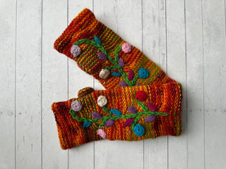 Floral Vine Fleece Lined Wool Handwarmers / Fingerless Gloves - Fair Trade Made