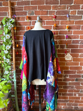 OOAK Autumn Collection- The Rolling Stones Inspired Upcycled Silk Patchwork Tie Dye Hi Lo Poncho Top