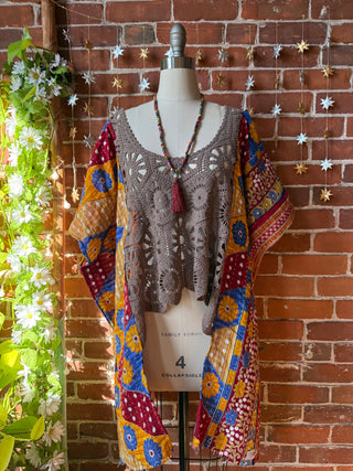 Upcycled Crochet Hi Lo Kantha Poncho Top