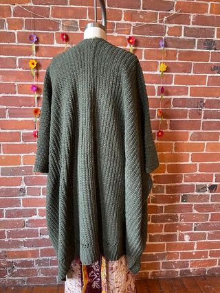 Moss Green Chunky Knit Soft Poncho With Pockets