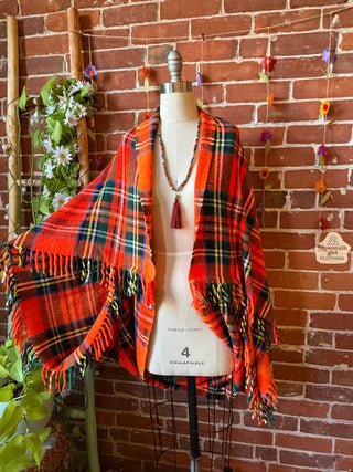 OOAK Autumn Collection- Vintage Upcycled Tartan Plaid Fringe Cocoon Shawl