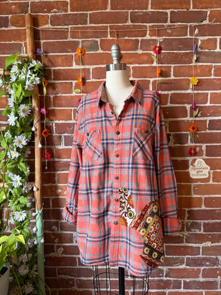 OOAK Autumn Collection- Unisex Size Upcycled Kantha Detail Button Up Plaid
