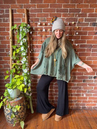 In Zen Mode Doily V-Neck Poncho Top - In Charcoal + Olive