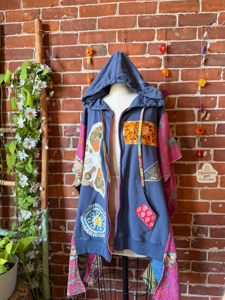 OOAK Summer Collection- Upcycled Rainbow Patchwork Kantha Hi Lo Hoodie