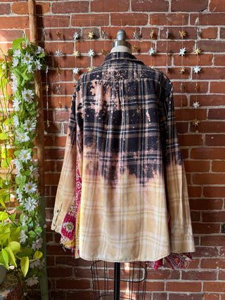 OOAK Winter Collection- Birdsong Kantha + Bleach Plaid Button Up Wing Style Poncho Jacket