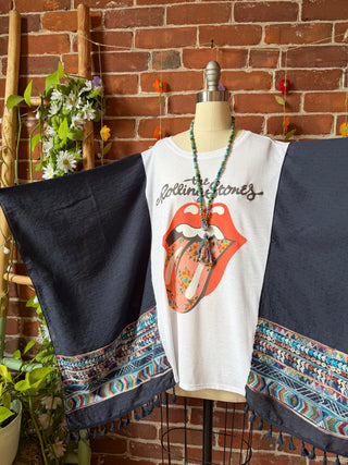 Upcycled Rolling Stones Inspired Navy Embroidered Poncho Tassel Top
