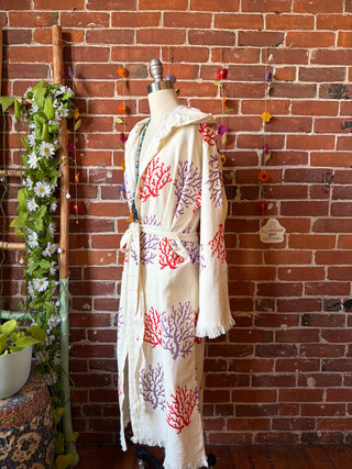 Coral Pattern 100% Cotton Hoodie Kimono Robe  - Fair Trade Made