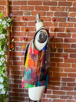 Size Small Upcycled Silk Celestial Sun Moon Patchwork Vest