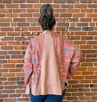 Stone Washed Patchwork Paisley Bohemian Cardigan - Clay