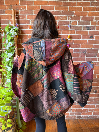 Autumn Earth Tones Patchwork Upcycled Cotton Hoodie Poncho Cape- Fair Trade Made