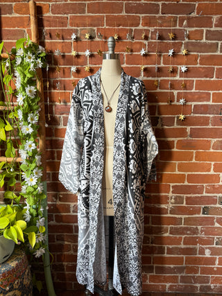 Black + Gray Mandala Long Tapestry Robe Kimono with Pockets and Belt
