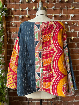 Into The Mystic Bell Sleeve Kantha Pullover Top w/ Kangaroo Pocket