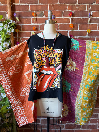 OOAK Summer Collection- Upcycled Rolling Stones Kantha Poncho Hi Lo Tee