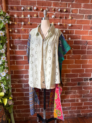 OOAK Autumn Collection - Upcycled Eyelet Button Up Hi Lo Kantha Poncho Top