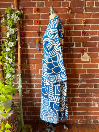 Bright Blue Mandala Long Tapestry Robe Kimono w/ Pockets + Belt - Fair Trade Made