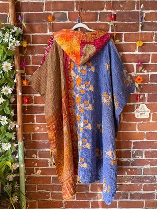 Mystery Print Autumn Sunset Patchwork Upcycled Kantha Hoodie Poncho Jacket- Fair Trade Made