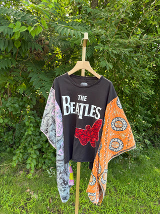 OOAK Summer Collection- Upcycled Beatles Inspired Vintage Butterfly Patch Hi Lo Kantha Poncho Tee