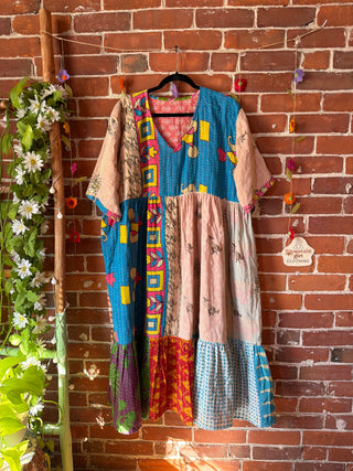 Coffee In The Morning Kantha Dress - Fits up to 3X - 100% Cotton- Fair Trade Made