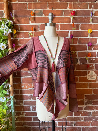 Moon Catcher Patchwork Knit Bell Sleeve Cropped Wrap Sweater - 100% Cotton - Fair Trade Made