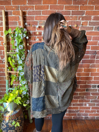 Solstice Stroll Patchwork Batwing Sleeve Kimono Layer - Dark Earth Tones -Fair Trade Made