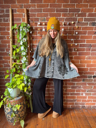 In Zen Mode Doily V-Neck Poncho Top - In Charcoal + Olive