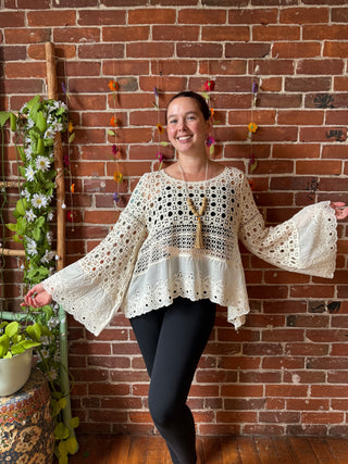100% Cotton Bohemian Bell Sleeve Crochet Eyelet Top