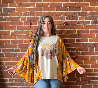 Fleetwood Mac Inspired Botanical Flowy Yellow Bell Sleeve Top