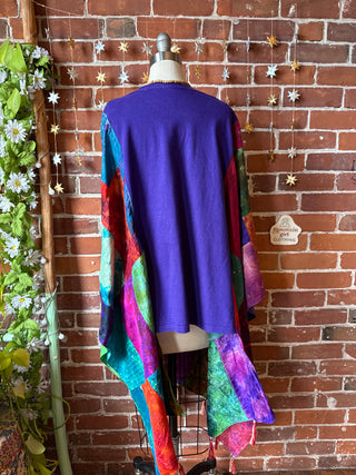 OOAK Winter Collection- Upcycled Silk Patchwork Tie Dye Whitney Houston Inspired Hi Lo Poncho Top