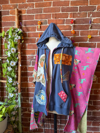 OOAK Summer Collection- Upcycled Rainbow Patchwork Kantha Hi Lo Hoodie
