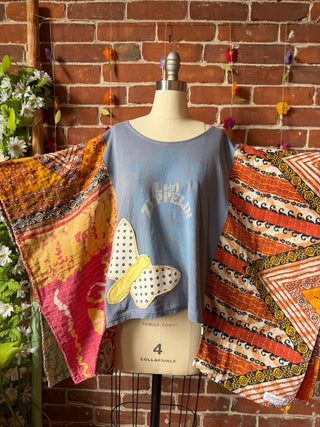 OOAK Summer Collection- Upcycled Led Zeppelin Inspired Vintage Butterfly Patch Hi Lo Kantha Poncho Tee