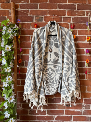 Gray Sky Fringe Cocoon Shawl Kimono - 100% Cotton