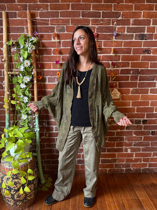 Solstice Stroll Basil Green Patchwork Batwing Sleeve Kimono Layer - Fair Trade Made