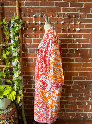 Orange Mandala Long Tapestry Robe Kimono with Pockets and Belt