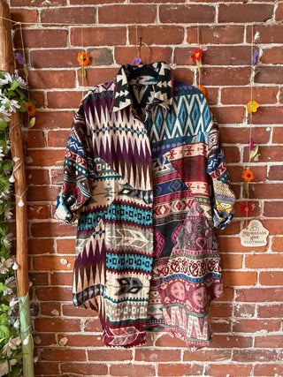 OOAK Summer Collection- Upcycled Grateful Dead Inspired Geometric Woven Button Up Tunic Top Shacket