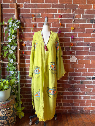 Soft Lime Evil Eye 100% Cotton Kimono Robe  - Fair Trade Made