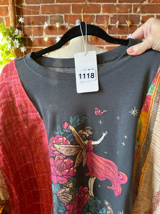 OOAK Winter Collection - Upcycled Pearl Classic Rock Inspired Kantha Bell Sleeve T-shirt