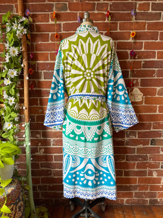 Bright Blue + Lime Mandala Long Tapestry Robe Kimono w/ Pockets + Belt - Fair Trade Made