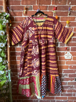 Coffee In The Morning Kantha Dress -Fits up to Size 3X - Fair Trade Made