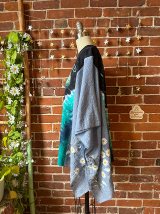 Upcycled Pink Floyd Tie Dye Inspired Daisy Embroidered Poncho Top