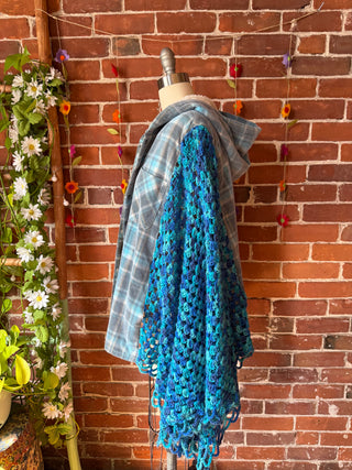 OOAK Autumn Collection- Upcycled Crochet + Fleece Plaid Hoodie Poncho Jacket