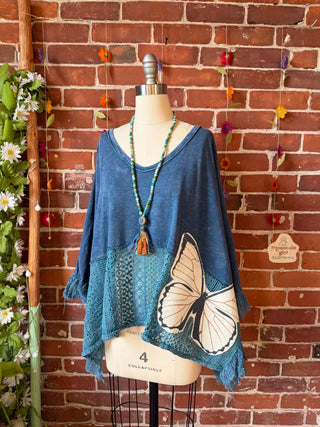 OOAK Summer Collection - Upcycled Luna Butterfly Flowy Trapeze Style Top 🦋 Slate Blue