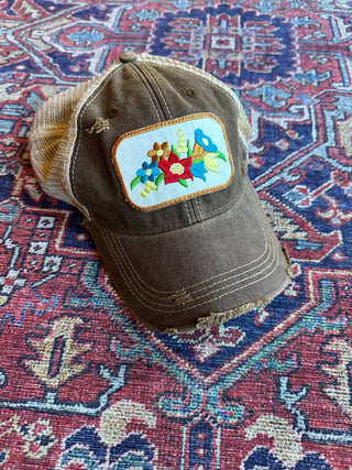 Boho Flower Patch Hat - Brown