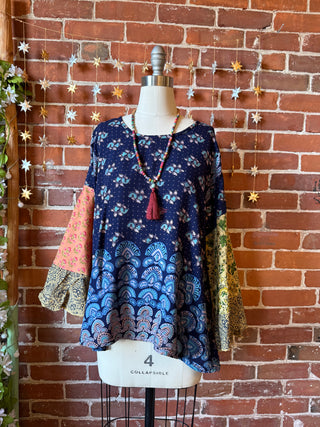OOAK Winter Collection - Size Medium Boho Bell Sleeve Patchwork Blue Top Tee