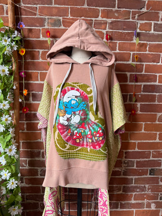 OOAK Autumn Collection- Upcycled Hi Lo Kantha Smurf Mushroom Hoodie Poncho