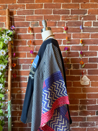 OOAK Autumn Collection- Upcycled Ice Cube Inspired Kantha + Plaid Poncho Tee