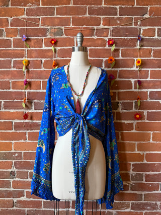 Blue Sun, Moon + Stars Celestial Cropped Bell Sleeve Wrap Top